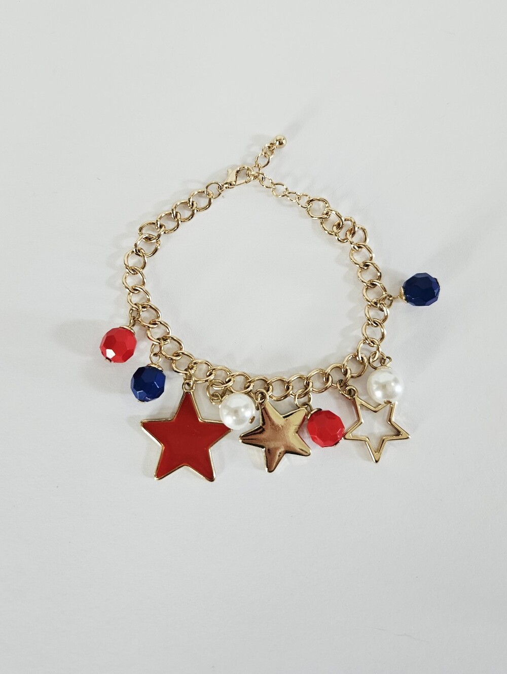 American USA Patriotic Stars Enamel Beaded Gold Tone Chain Chunky Charm Bracelet